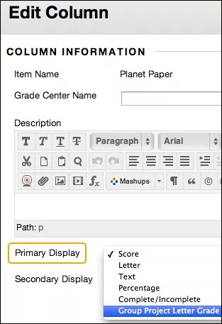 Edit Column where you can select how the grades display to you and students