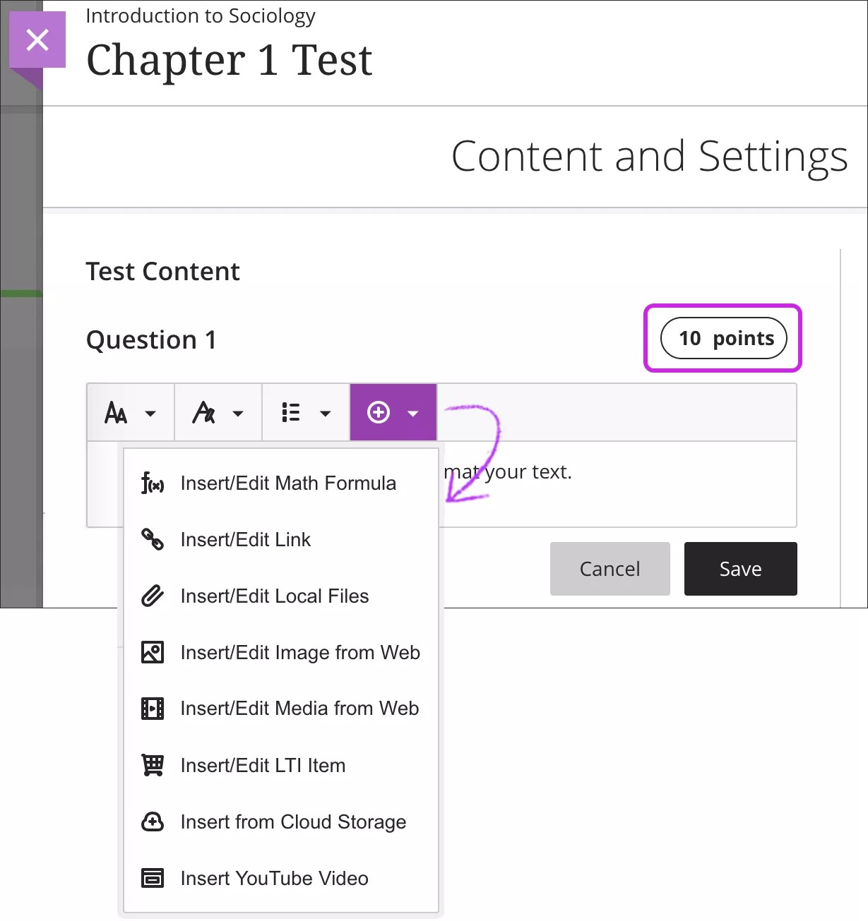 Expanded Insert menu and points value for question number one in a test.