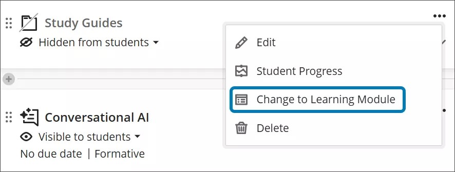 The More options menu for a folder, with Change to a Learning Module highlighted in the dropdown