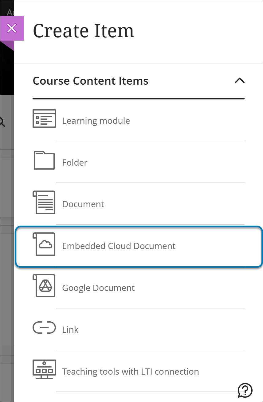Create Item panel with Embedded Cloud Document option highlighted in blue.