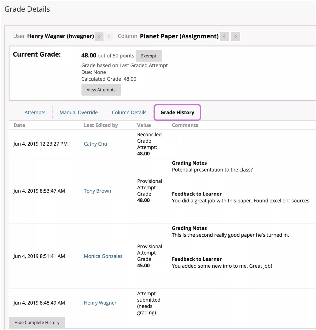 The Grade Details page with the Grade History tab highlighted, showing the reconciled grade and all provisional grades, along with Learner Feedback and Grading notes.
