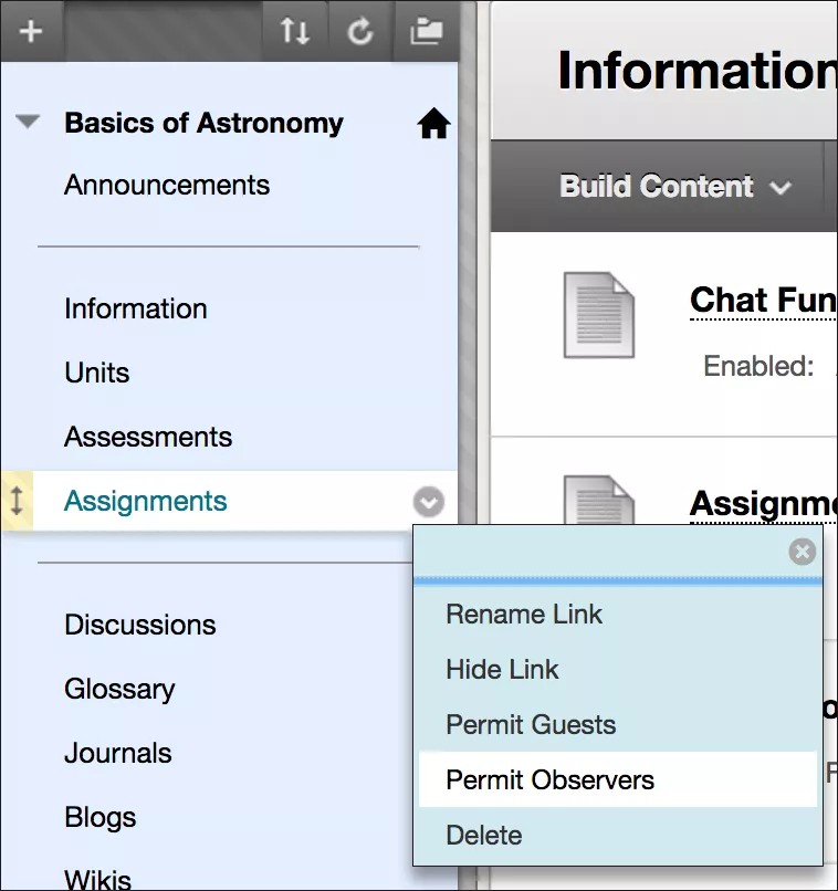 The menu for Assignments expanded to show Rename Link, Hide Link, Permit Guests, Permit Observers, and Delete.