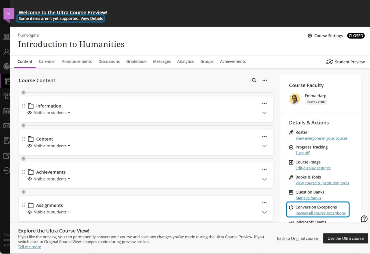 The Course Content page in Ultra Preview mode, with the option to View details highlighted at the top and the option to view conversion exceptions highlighted at the bottom