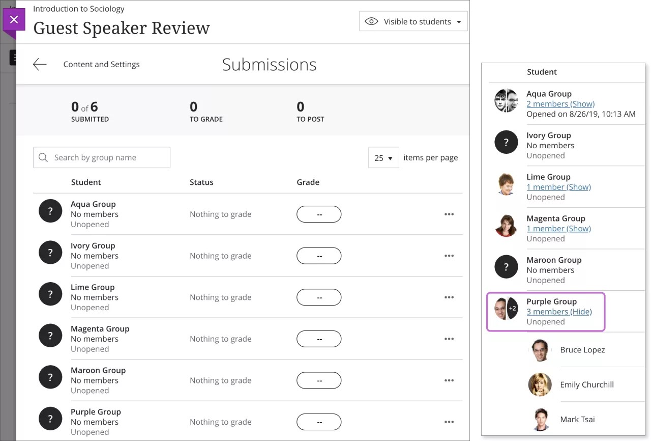 On the left, the Submissions page is open with the list of the recently created self-enrolled groups, each group appears with a question mark icon. On the right, the Submissions page is open with the same list, but with students enrolled. One of the groups is highlighted and shows the list of students.
