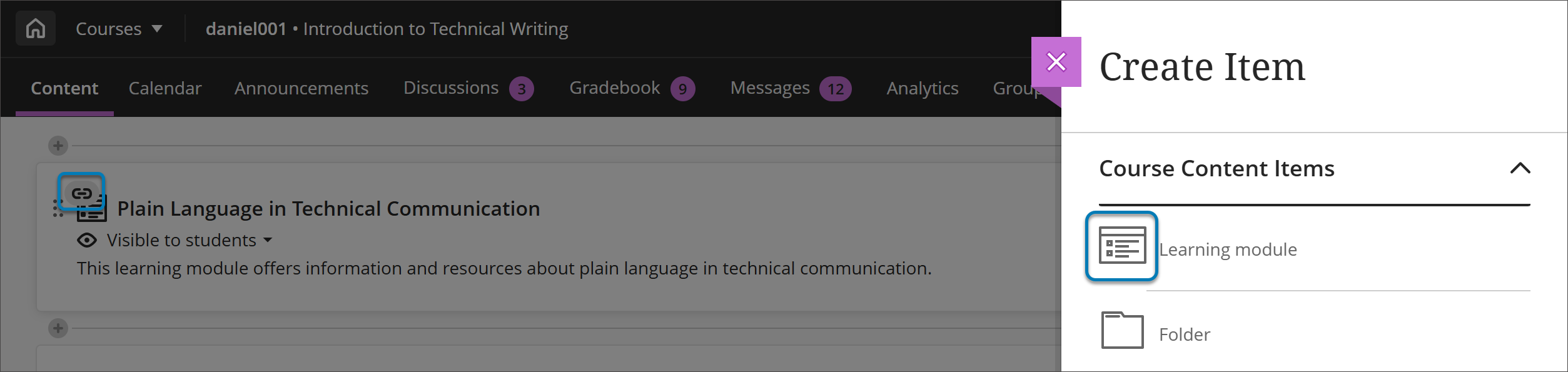 image of course link icon on Course Content page and learning module icon on Create Item panel