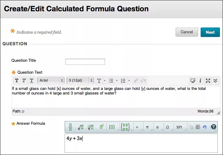 The Create/Edit Calculated Formula Question with formula math symbols in the editor