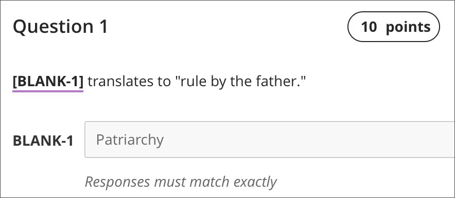 Example of a fill in the blank question.