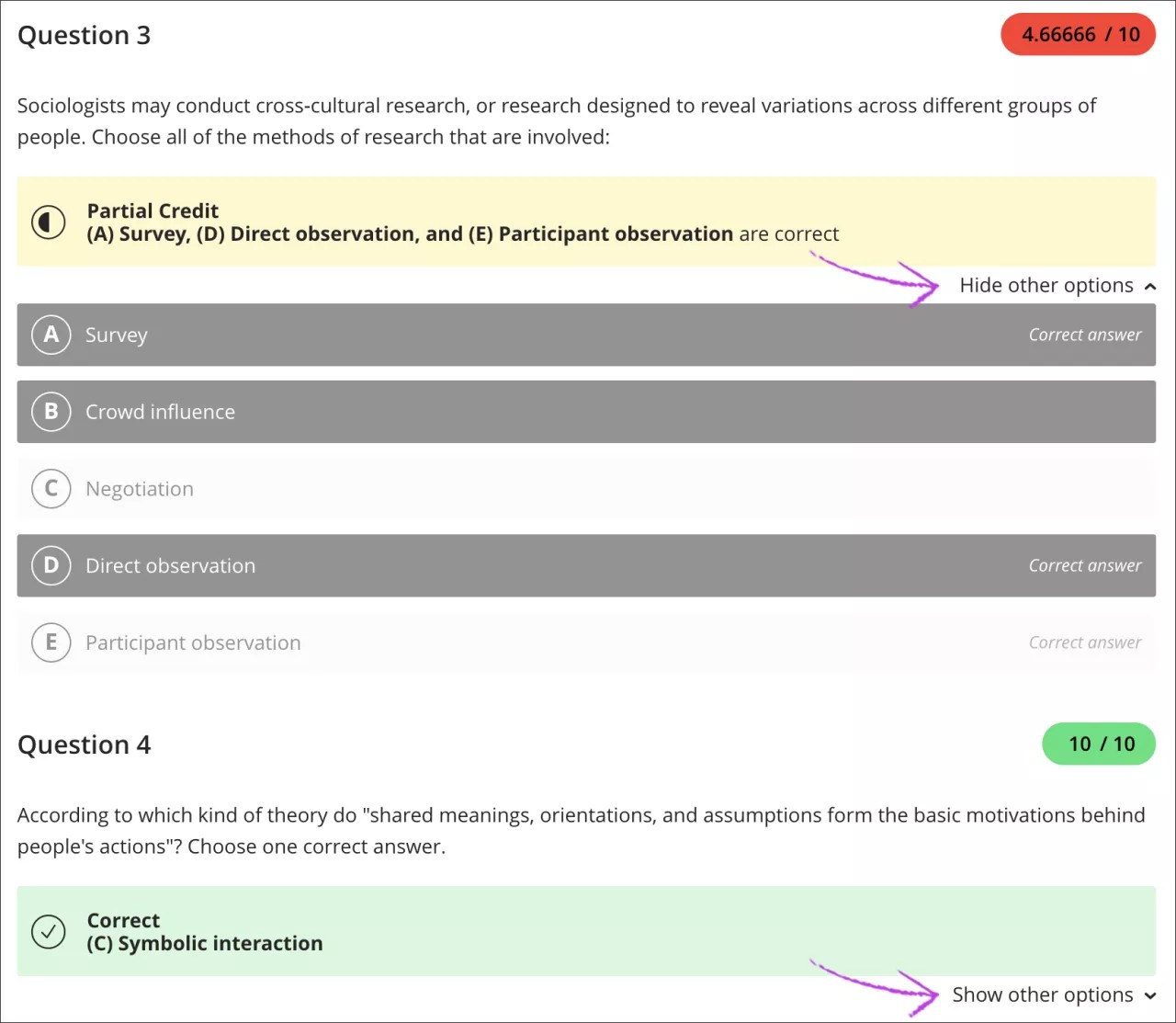 View of a correct answer with partial credit feedback and cumulated total grade on the top right hand side corner.
