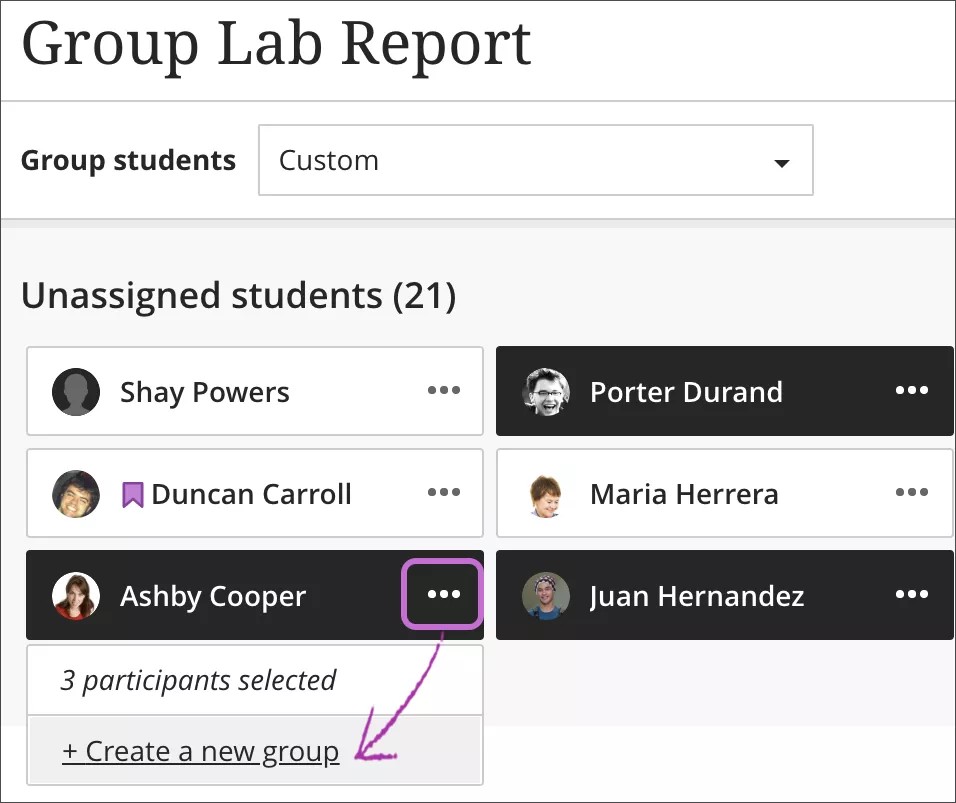 The Groups page is open with 1) the Group students menu on screen and the "Custom" option selected, 2) three student's names clicked, 3) the menu next to the student's name selected, and 4) the "+ Create a new group" button highlighted.