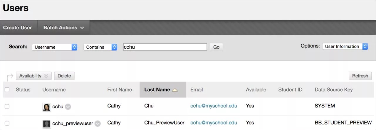 The roster showing the instructor's preview user account.