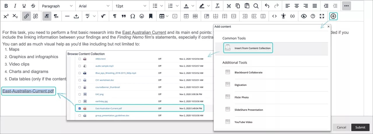 To control where a file link appears, use the editor to attach files as you create content