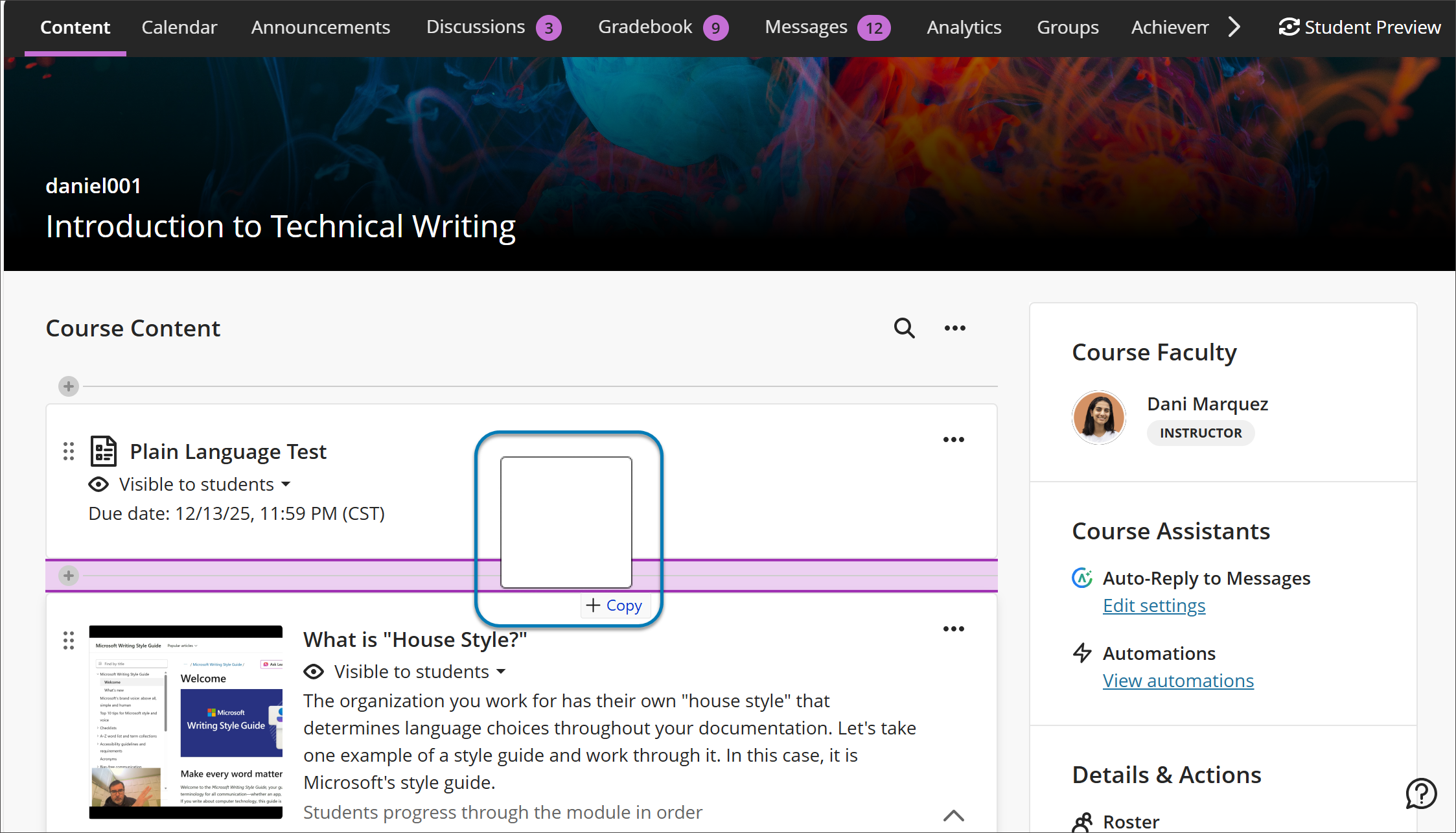 A folder being dragged to the course content page
