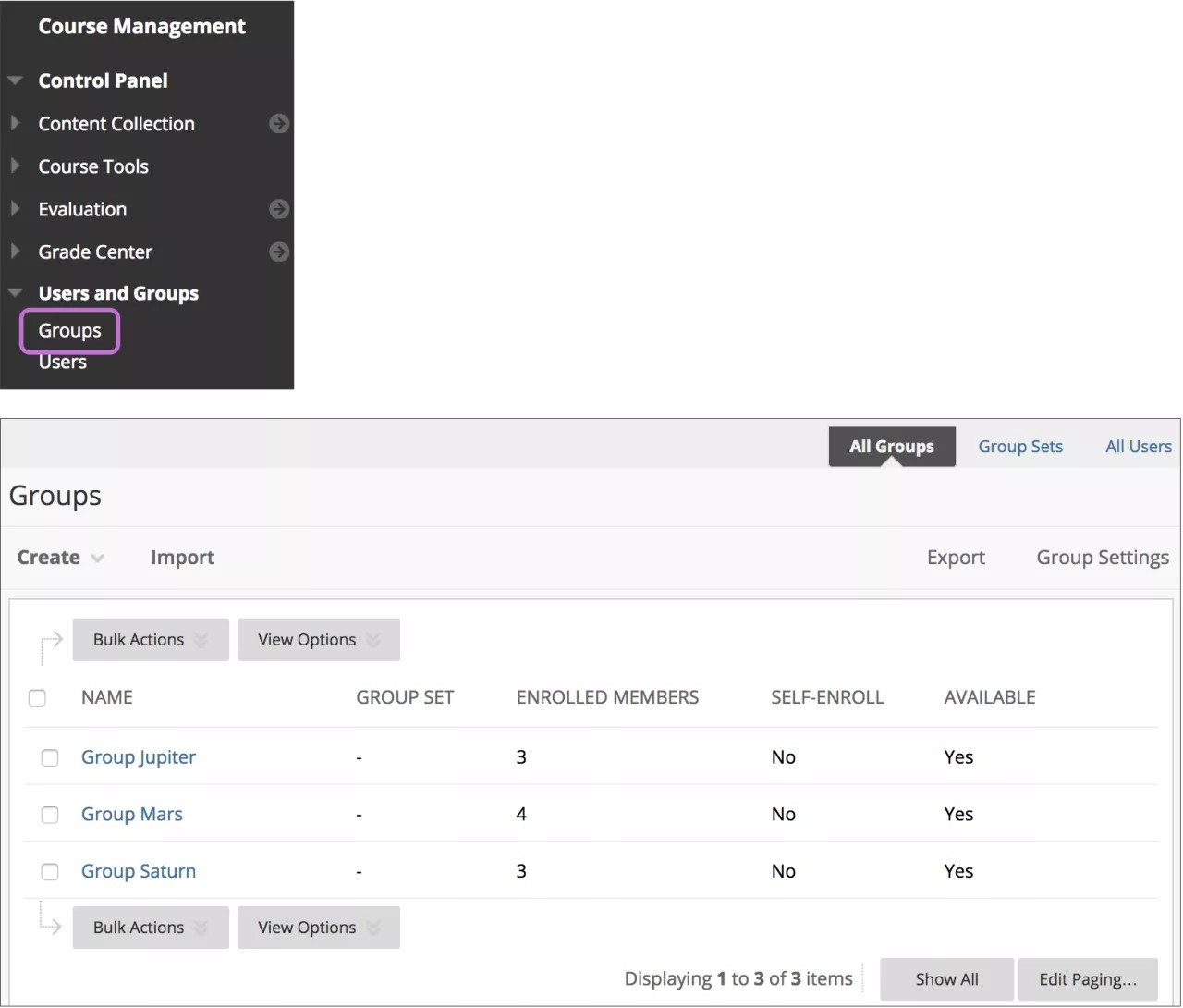 Select Groups in the side bar to open the Groups screen.