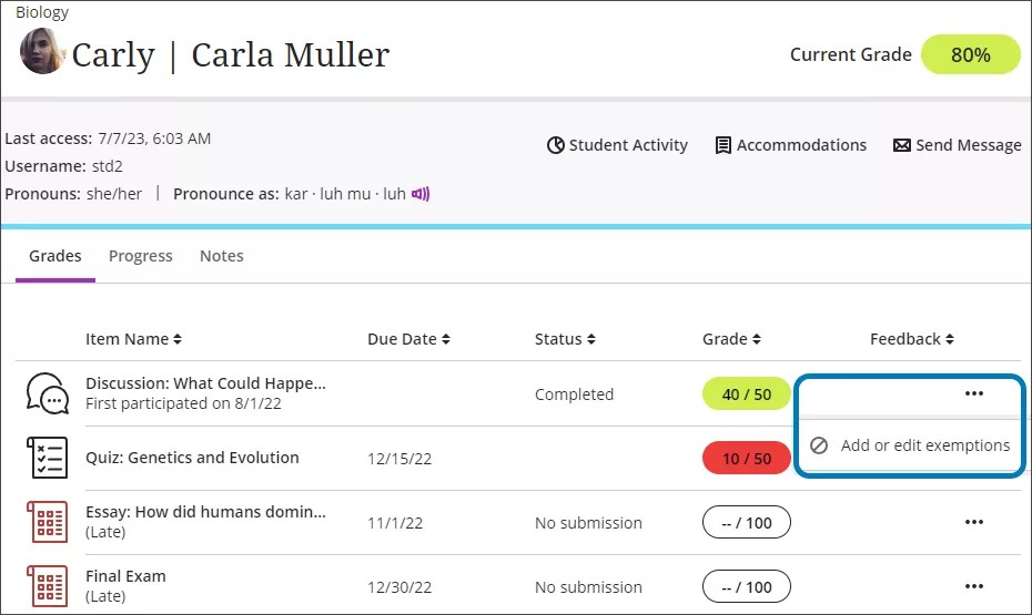 Select the ellipsis icon in the Grades tab to exempt any item from being graded for that specific student.