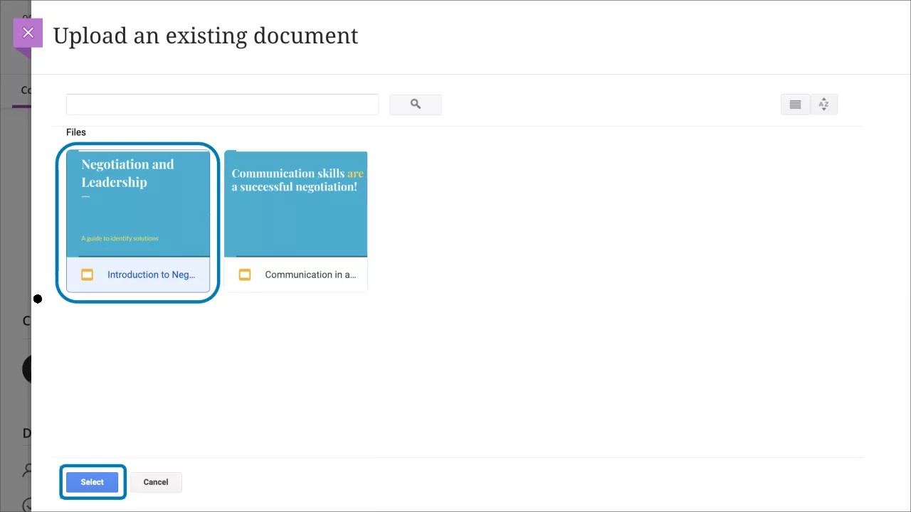 Image of the Upload an existing document screen. The Select button is highlighted at the bottom left.