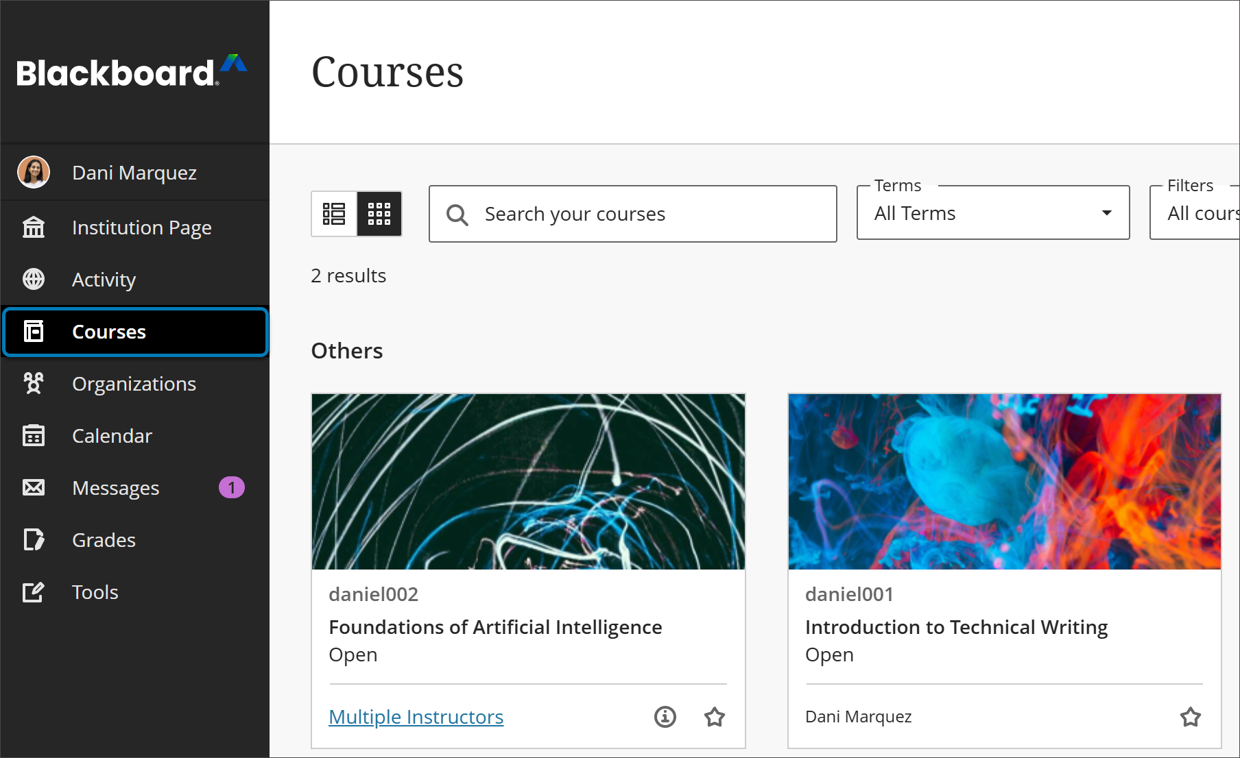 Courses page on the Base Navigation. The courses option on the Base Navigation menu is highlighted with a blue box.