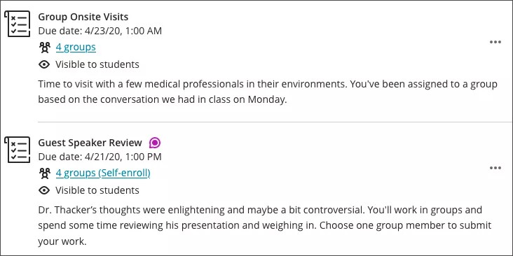 Group assignments are shown on the Content Course page.