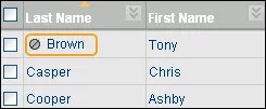 User grid with Last Name and First Name columns. There is a column of checkboxes on the left.