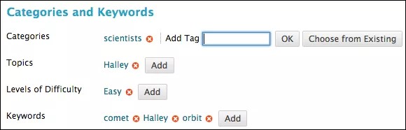 Categories and Keywords screen