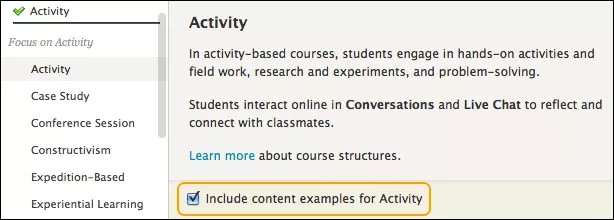 The Activity option with the Include content examples for Activity option selected