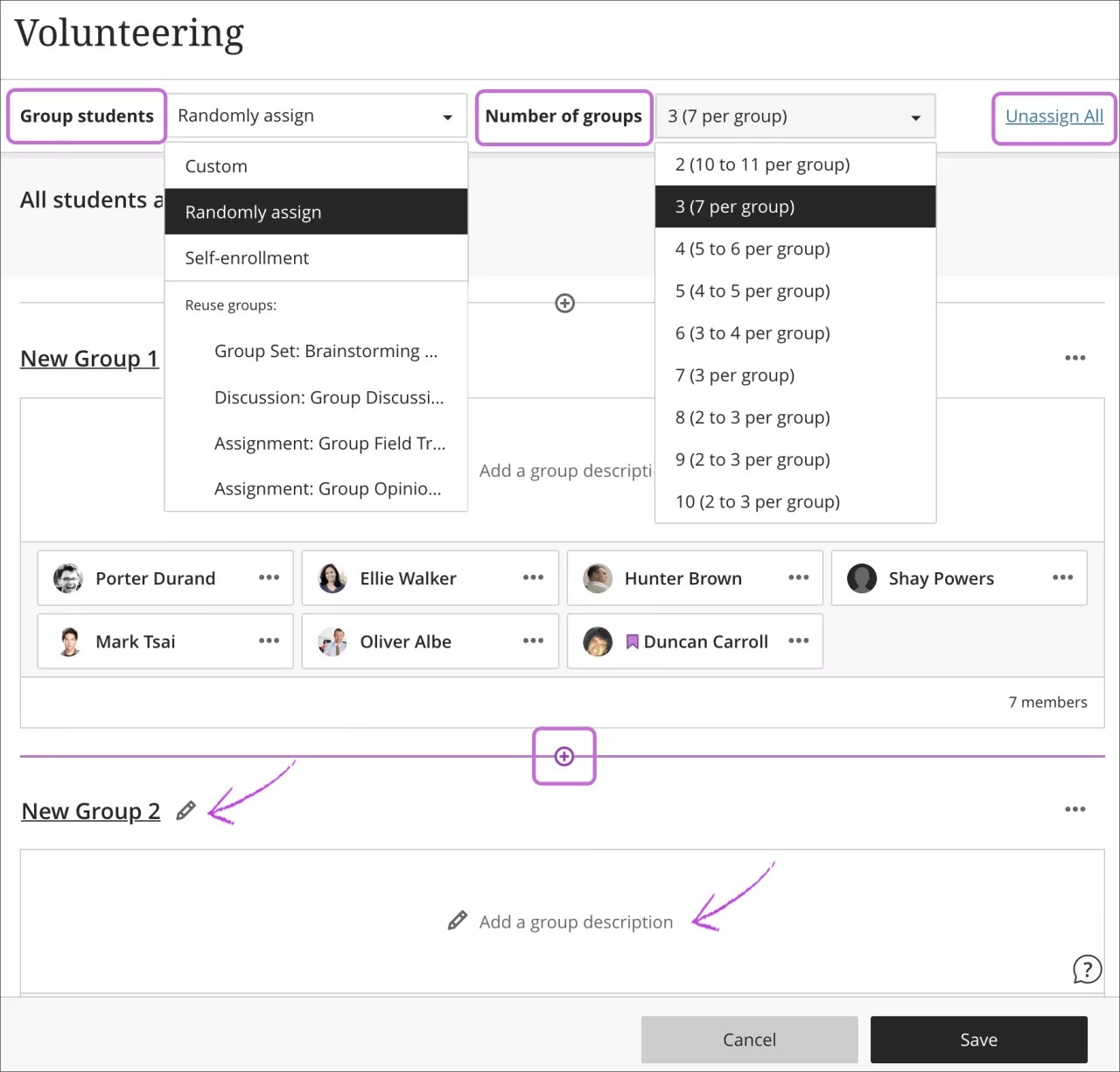 At the top, the Groups page is open with 1) the Group students menu highlighted and the "Randomly assign" option selected, 2) the Number of groups menu highlighted and the "3 (7 per group)" option selected, and 3) the "Unassign All" button clicked. At the bottom, the Groups page is open with 4) the plus sign clicked and highlighted, and 5) the New group panel with the "Add a group description" option highlighted.