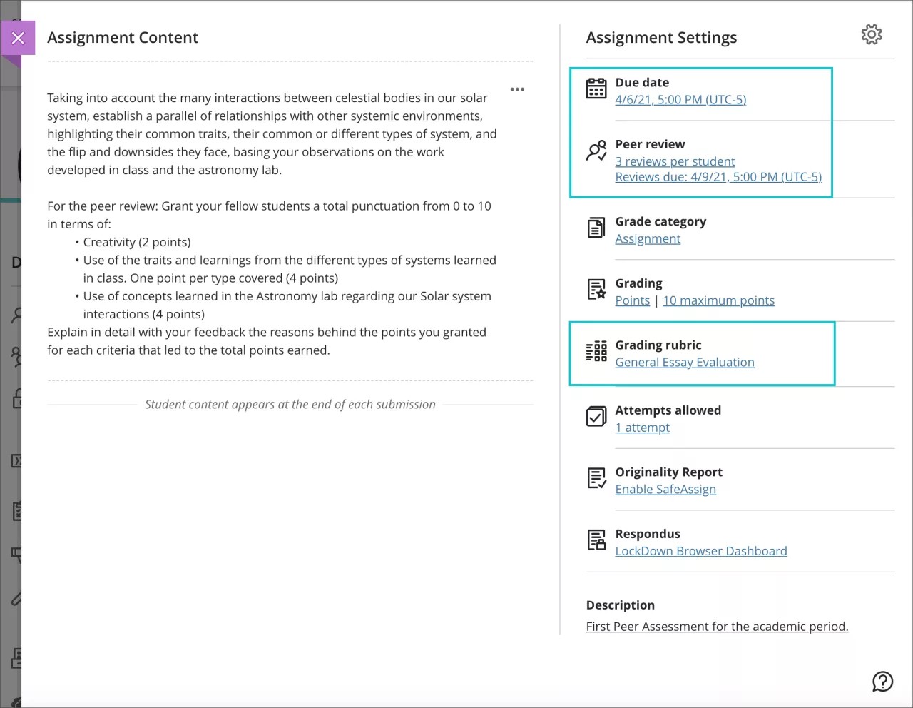 The Assignment settings panel is open with the "Due date", "Peer review", and "Grading rubric" options displayed.