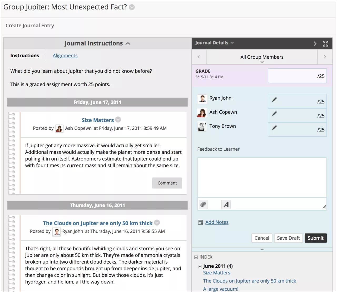 On the group journal page, the grading sidebar appears, listing all group members.