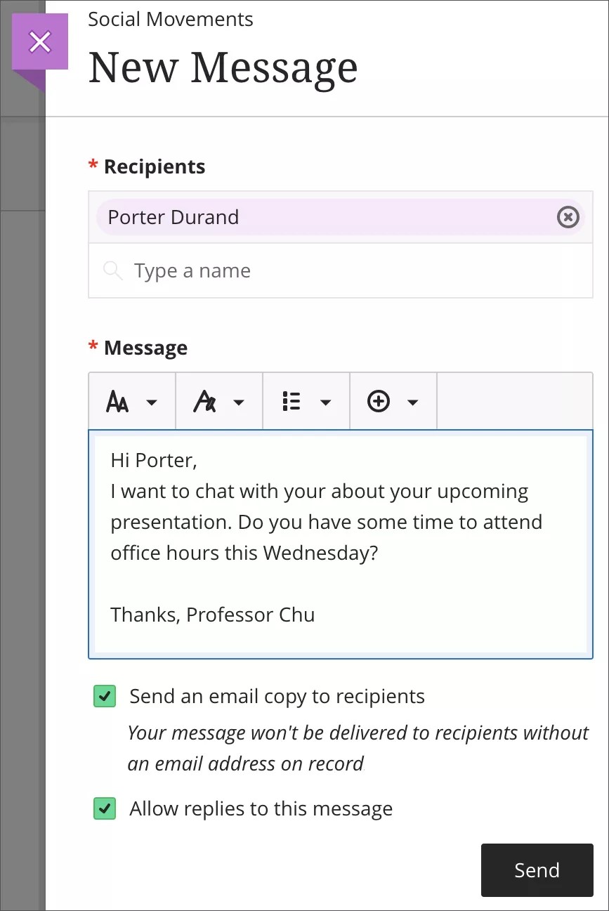 The Messages page open with a new message being drafted. There is a checkbox option underneath the body of the message that is labeled "Send an email copy to recipients." This box is checked,