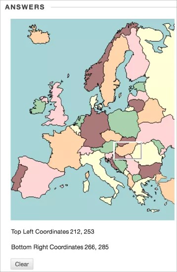The answer page, which has a map with a rectangle on it. Under the map the coordinates are listed and there is a Clear button.