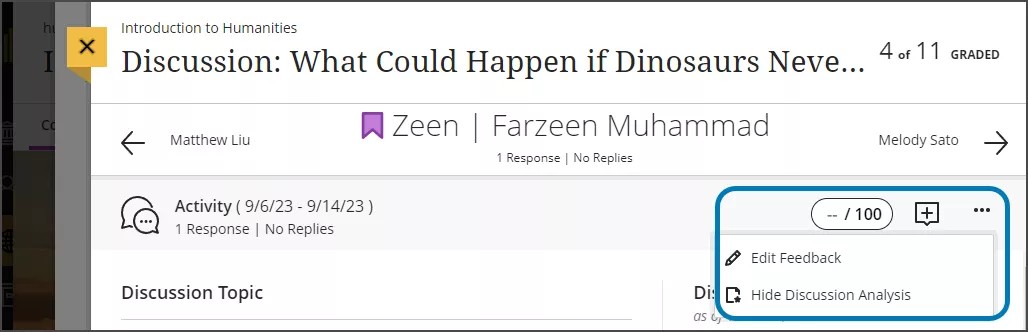 A student response, highlighting the More options menu and the Hide Discussion Analysis option