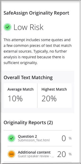 The SafeAssign Originality Report preview, with sections for Overall Risk, Text Matching, and Originality Reports.