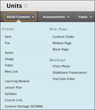 The Build Content menu highlighted and expanded to show all the available options.