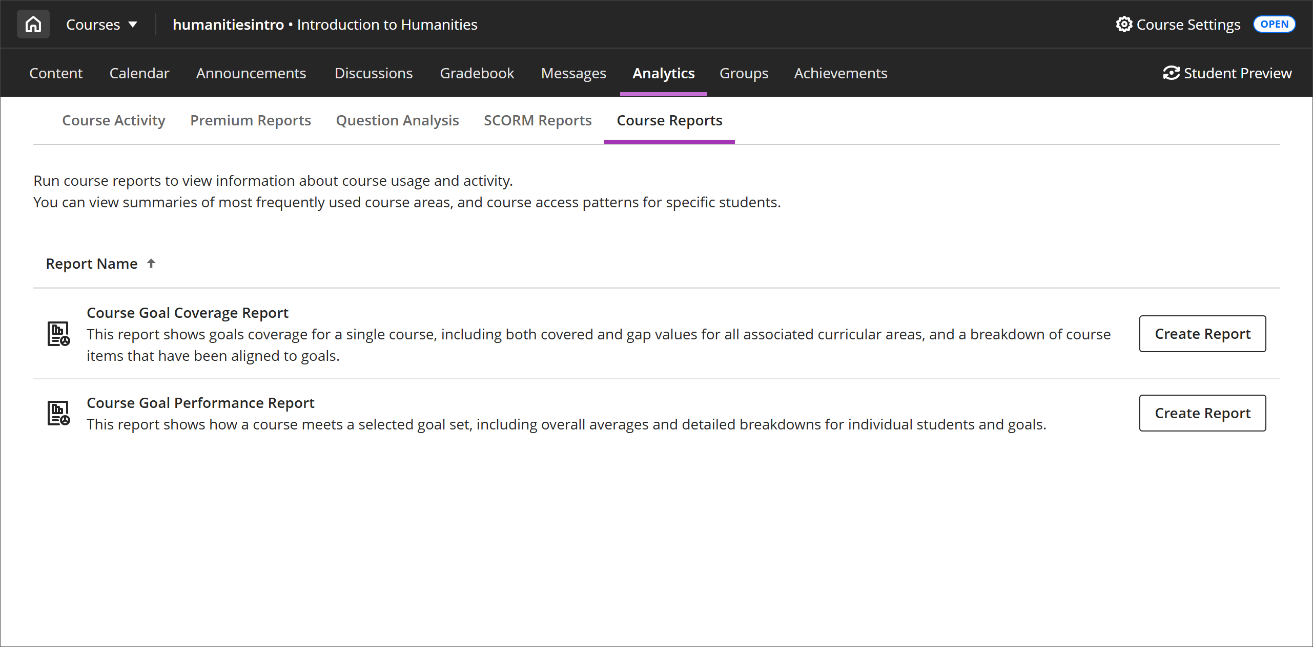 The Course Reports tab, with the Course Goal Coverage report and the Course Goal Performance report available