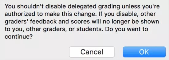 A warning message that says "You shouldn't disable delegated grading unless you're authorized to make this change. If you disable, other graders' feedback and scores will no longer be shown to you, other graders, or students. Do you want to continue?" There are Cancel and OK buttons at the bottom of the window.