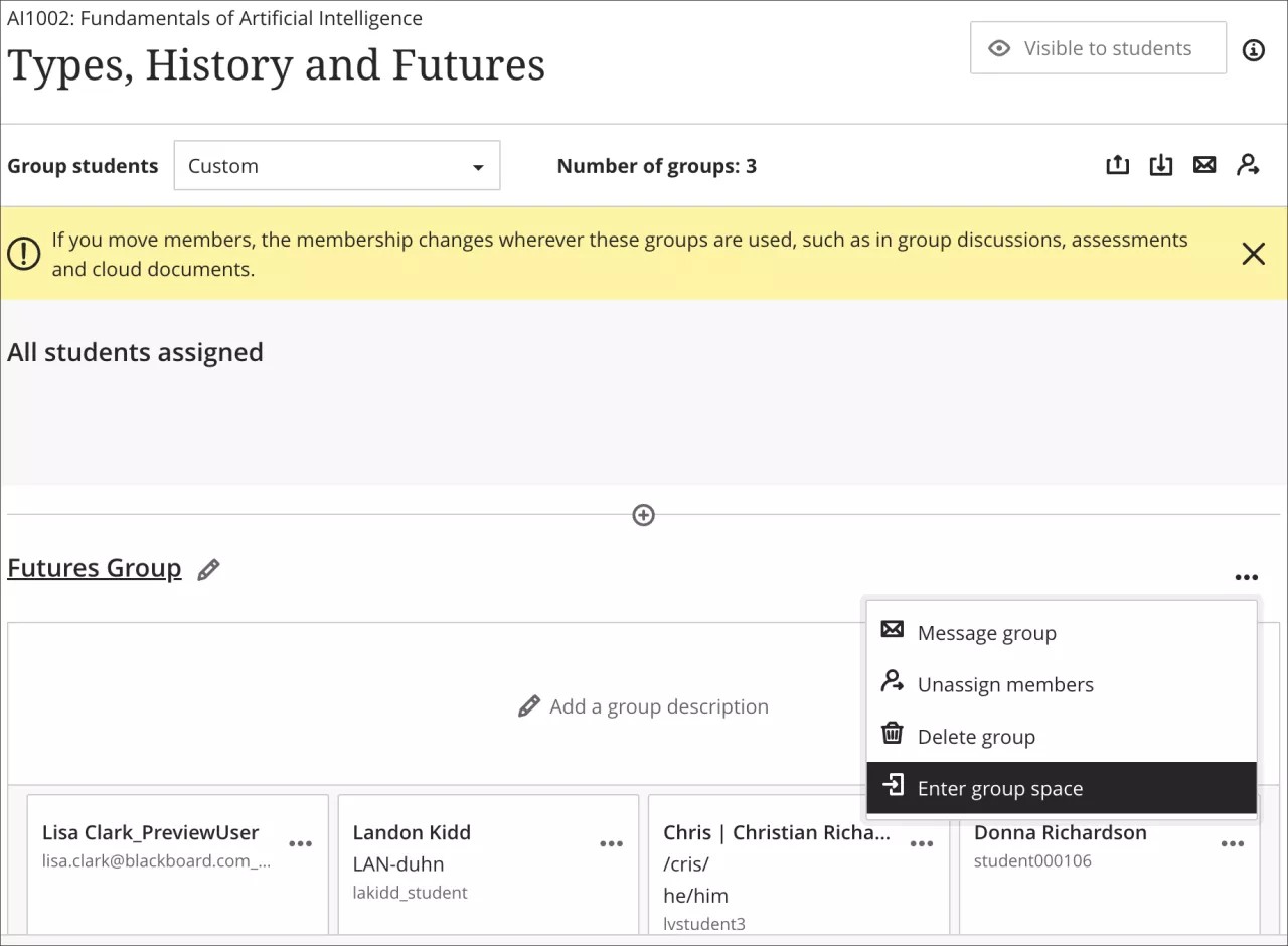 The Group Management page, showing Enter Group Space highlighted on the three dot menu