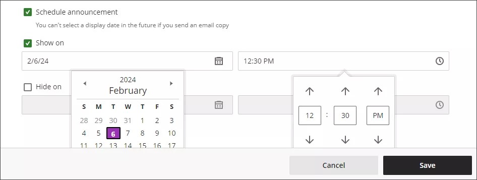 Schedule announcement section of the New Announcement page