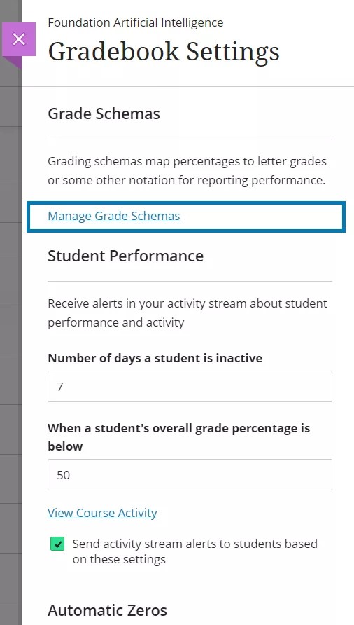 Manage grade schemas settings option