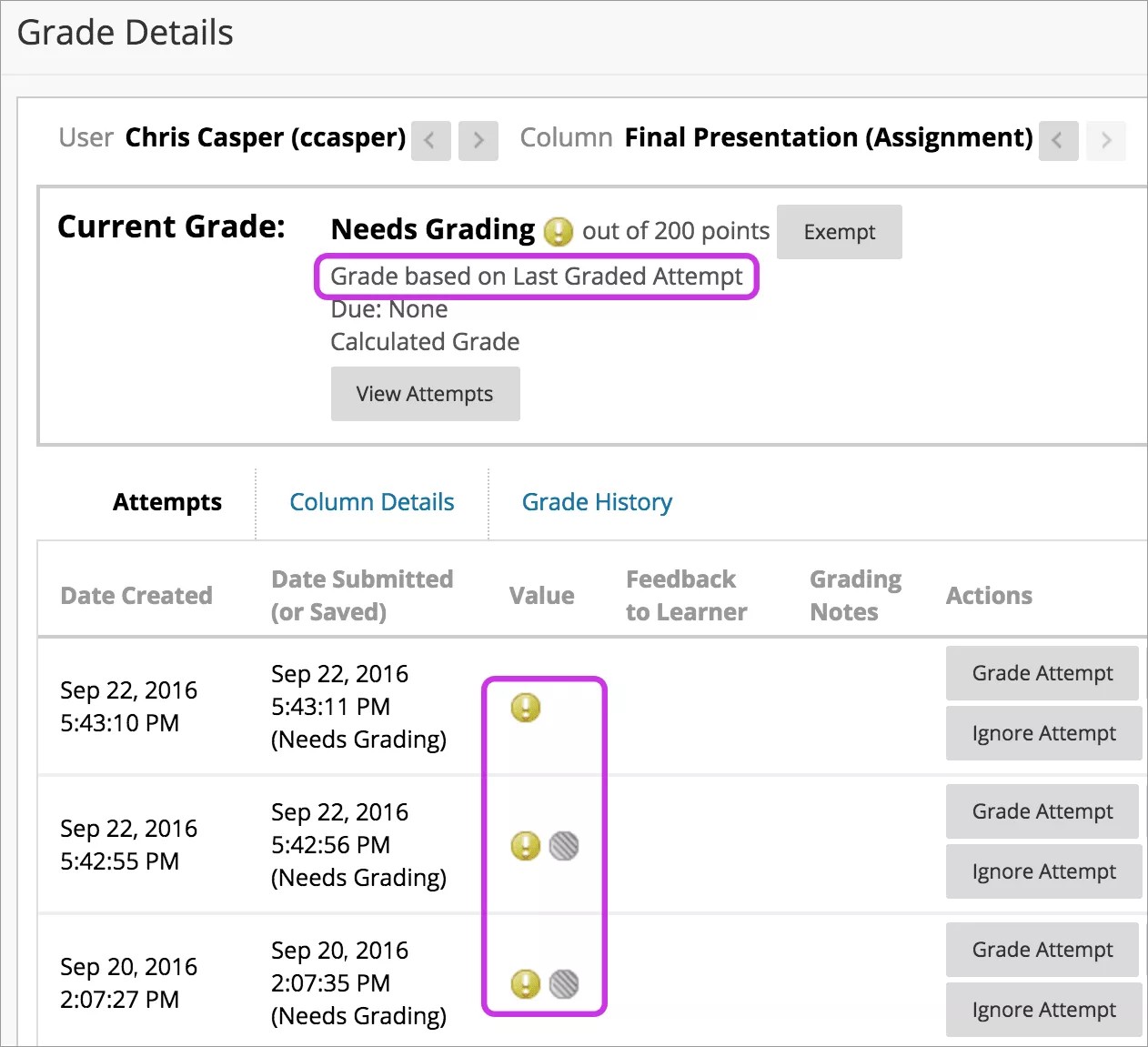 Grade Details screen for a specific user, for a specific assignment showing details such as attempts, grade history, and other details.