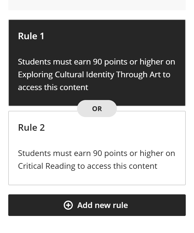 Panel showing Rule 1 and Rule 2 separate by a pill that says OR, with the Add new rule button at the bottom of the screen.