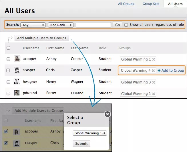 To add multiple users to groups, select Add Multiple Users to Groups then select the group