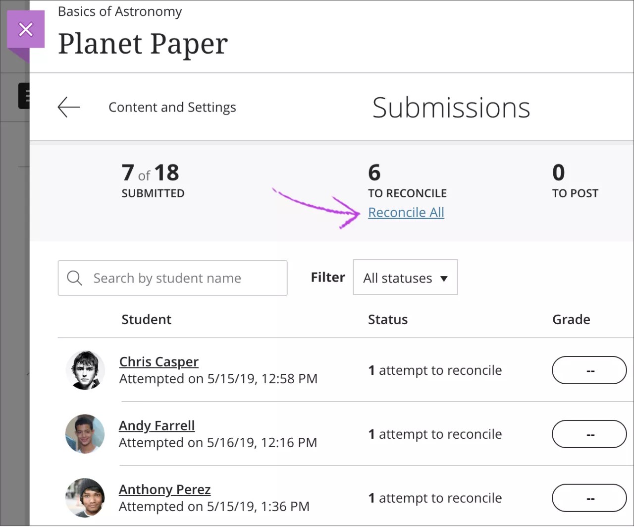 The Submissions page is open with the "Reconcile All" option highlighted.