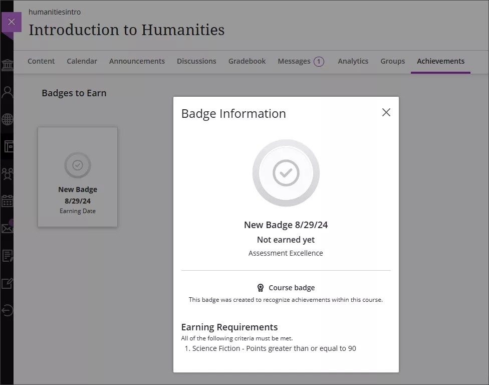 Student view of course badge requirements