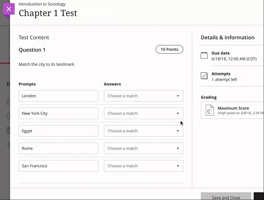 View of a student selecting an image to answer a matching question.
