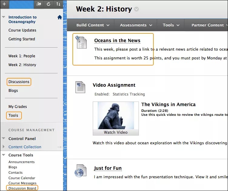 The different places you can access discussions highlighted in orange.