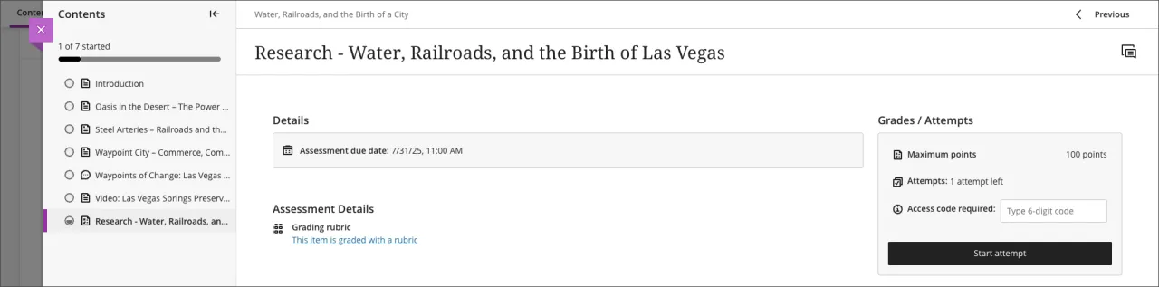 Learning Module with table of contents that is opened to a discussions assignment.