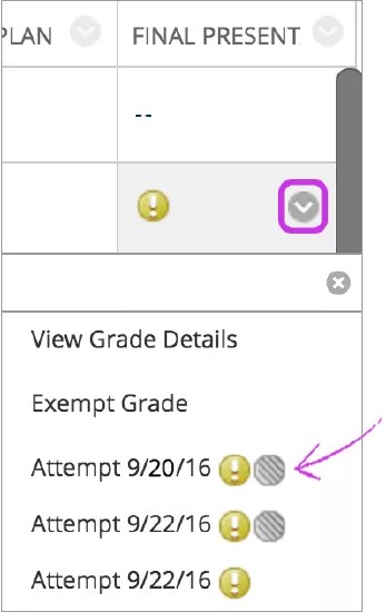 A grade cell's menu expanded to show three user attempts. A purple arrow is pointing to the Does not contribute to user's grade icon, which is present on two of the attempts.