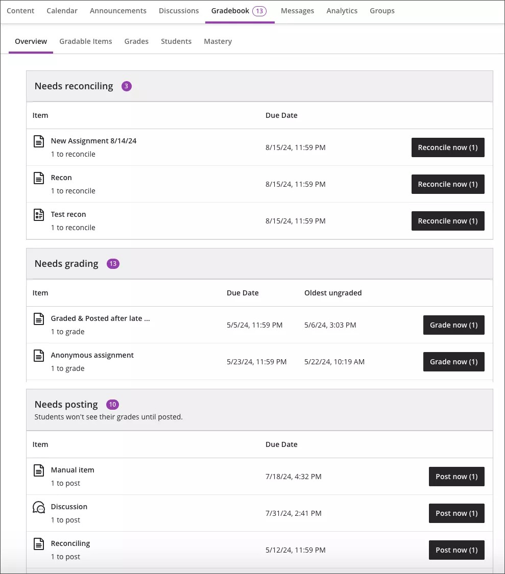 Users can change the view of the gradebook to show gradable items, grades, or students