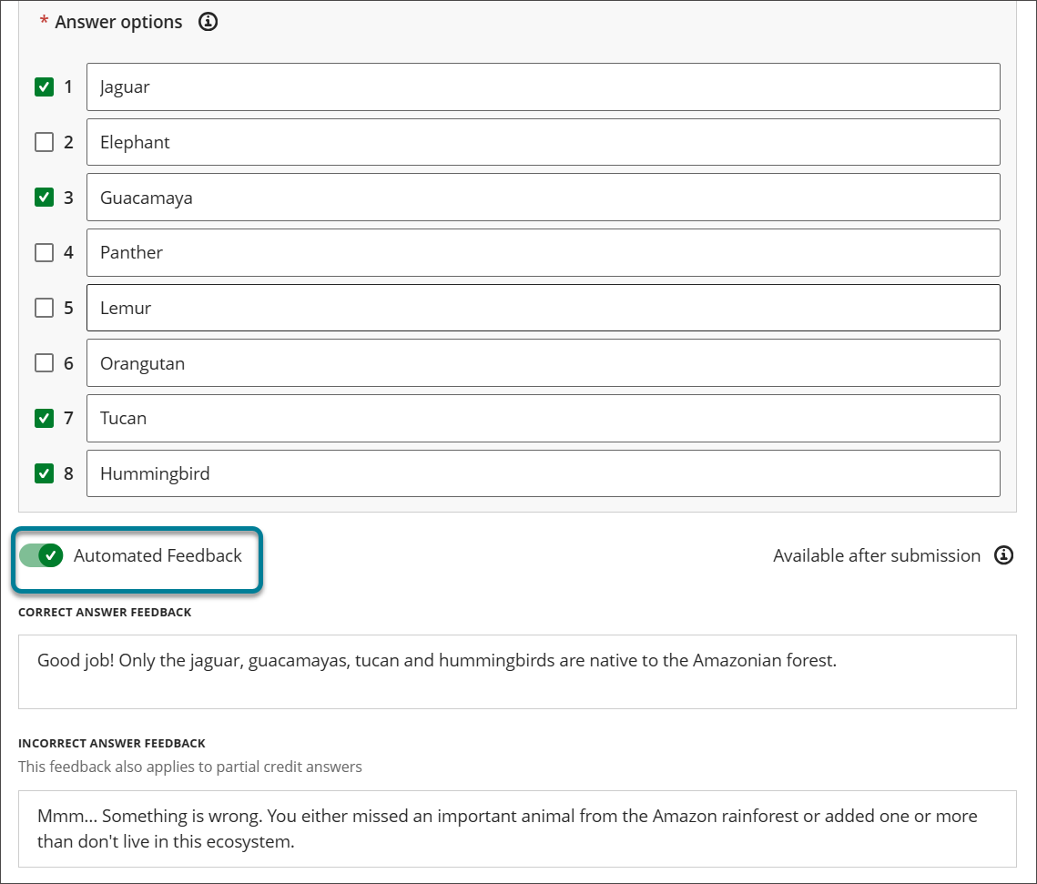 Answer options for a Hotspot question. The Automated Feedback toggle is activated and highlighted with a box, and feedback for students has been entered in the "Correct answer feedback" and "Incorrect answer feedback" fields.