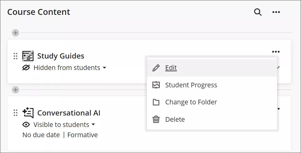 Learning module on the course content page, with the three dot menu opened to display the Edit option