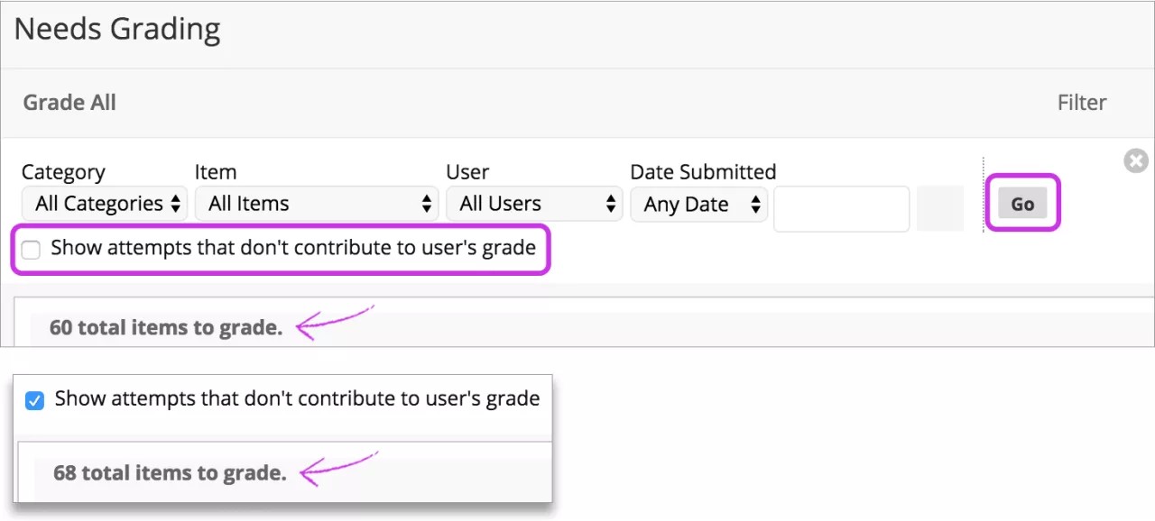 At the top, Show attempts that don't contribute to user's grade is not selected and it shows there are 60 total items to grade. At the bottom, Show attempts that don't contribute to user's grade and it shows that there are 68 total items to grade.